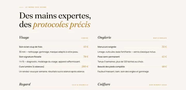 Menu des soins